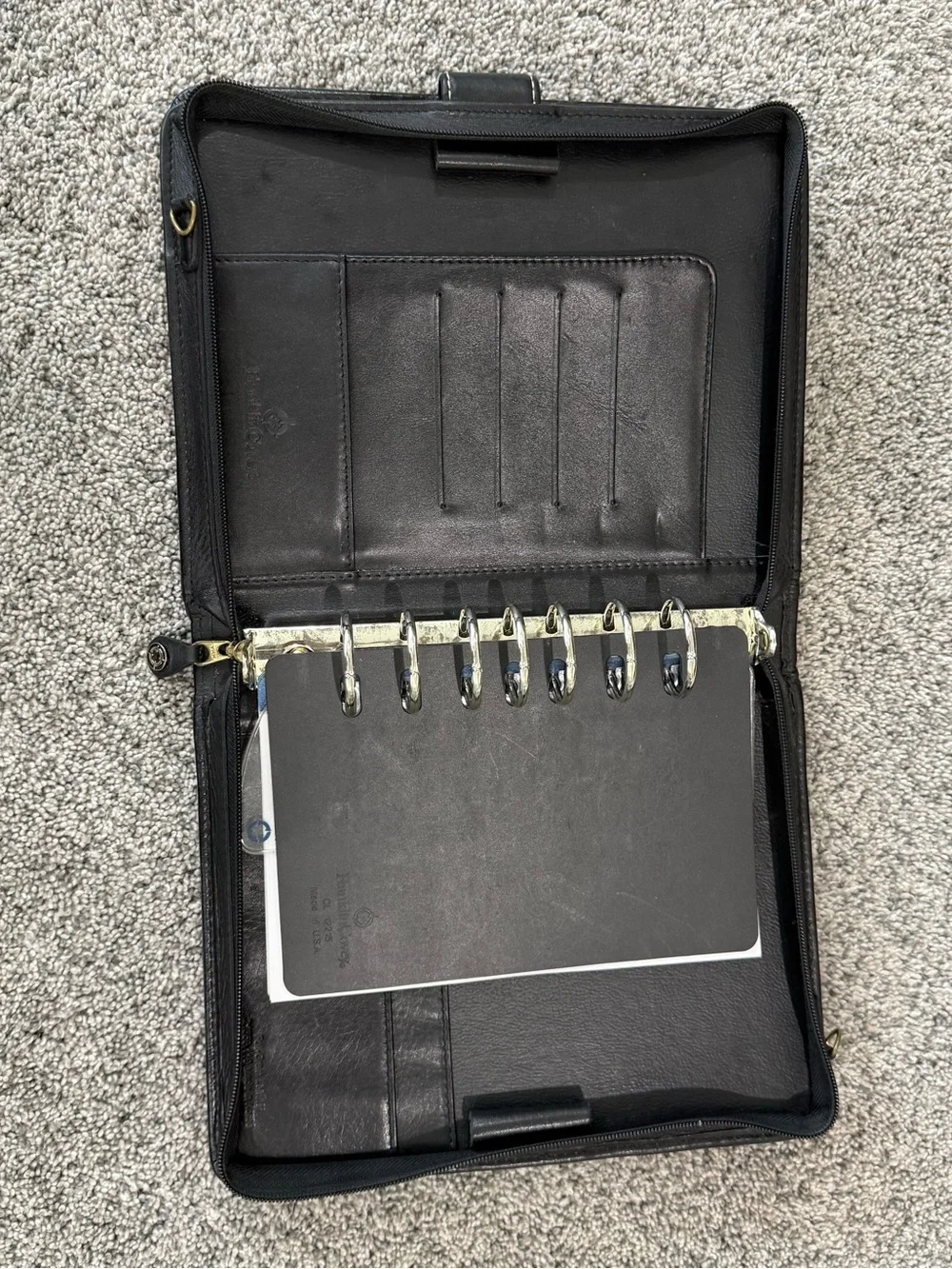 Vintage Franklin Covey Full Grain Leather Black Zip Around Planner 7 Ring Binder